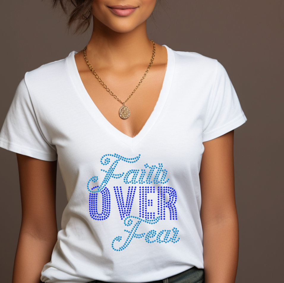 Handmade Faith Over Fear Rhinestone Christian T-Shirt