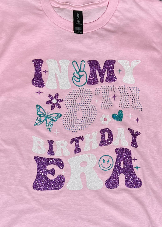 Cute girl "In My8th Birthday Era" Glitter and rhinestone embellished shirt