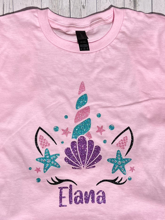 Custom girls shirt glitter and rhinestone mermaid unicorn