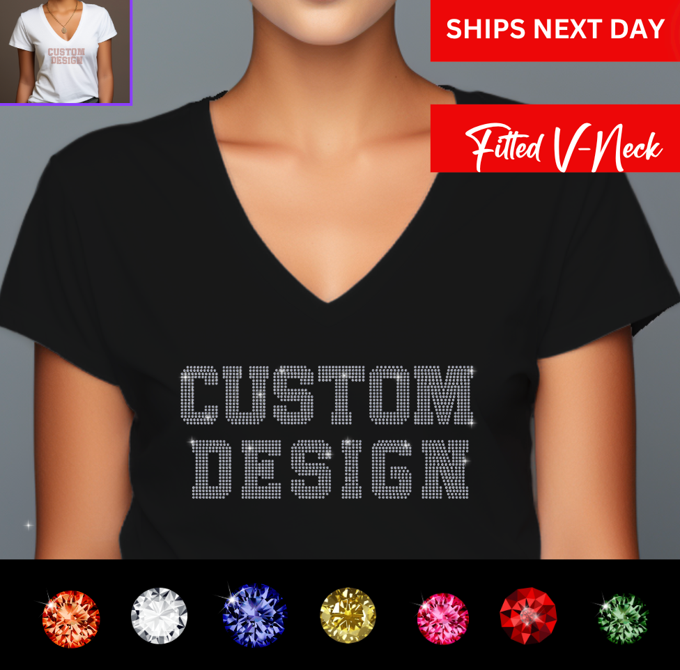 Custom Rhinestone T-Shirt personalized bling tee with your choice of text.