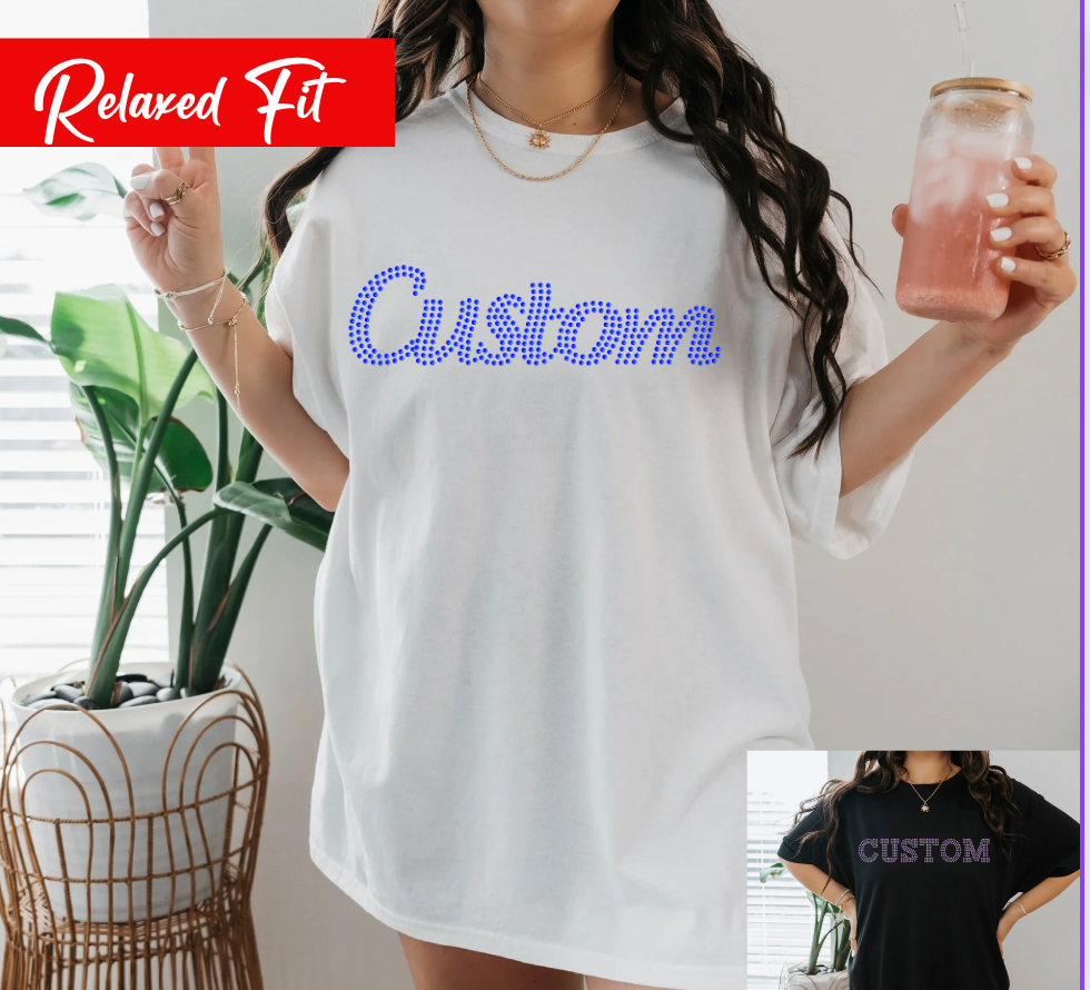 Custom Rhinestone T-Shirt personalized bling tee with your choice of text.