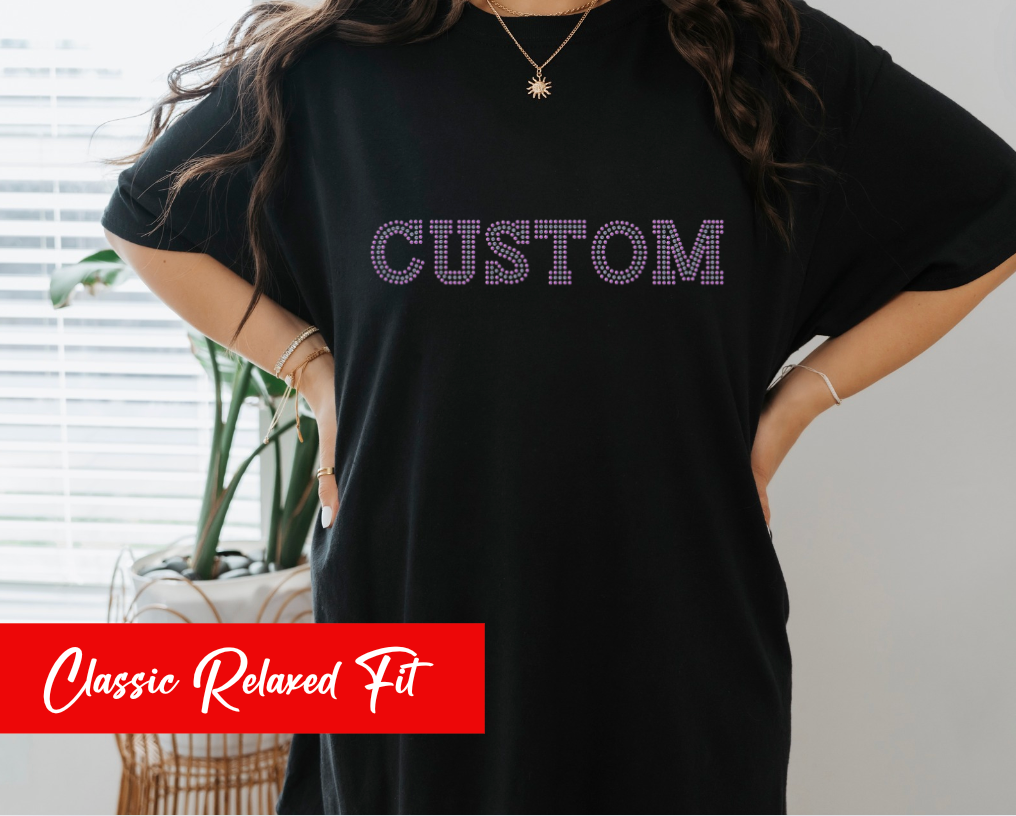 Custom Rhinestone T-Shirt personalized bling tee with your choice of text.